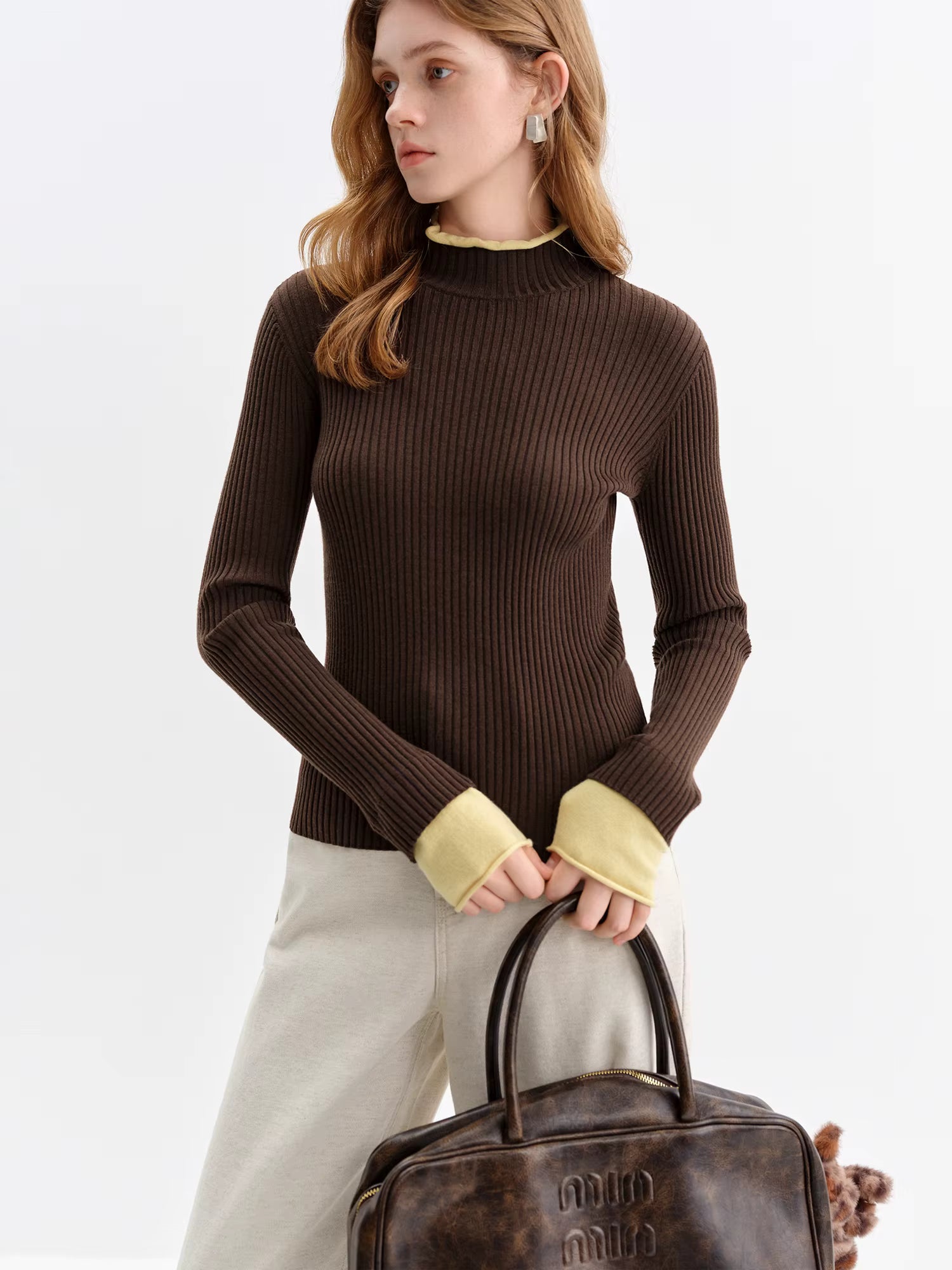 Autumn Winter Women's Color Block Fake Two Piece Style Slim Knit Sweater Office Elegant Pullover Casual Commute Chic Tops