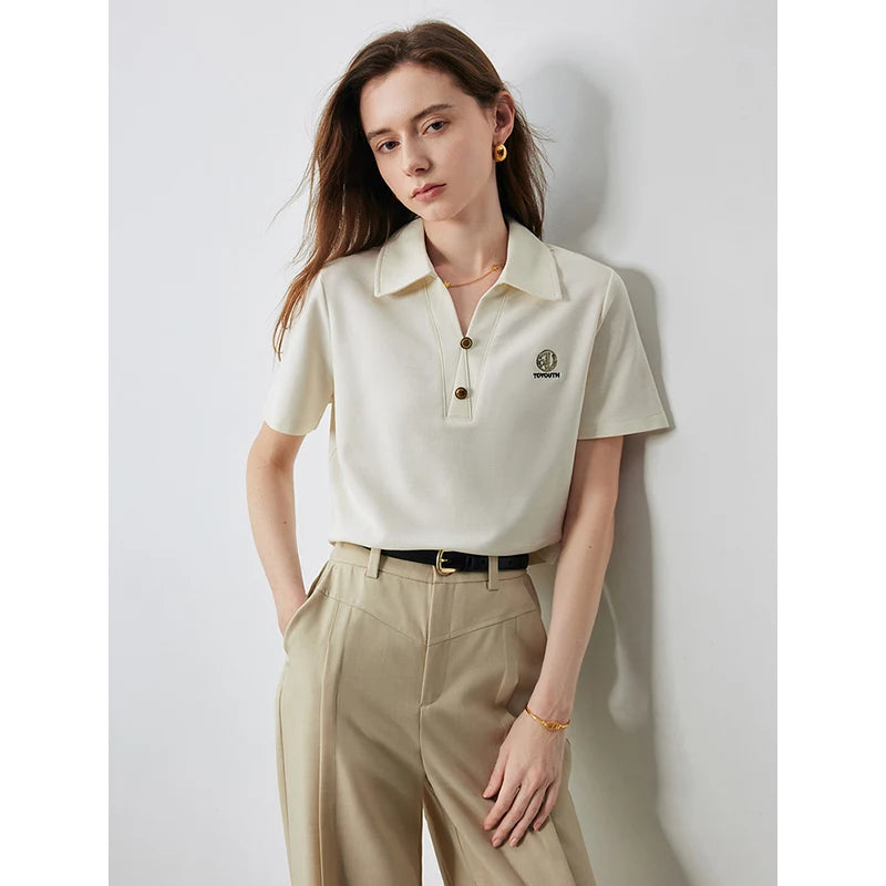 TOYOUTH Women Letter T-shirt 2024 Summer New POLO Collar Top