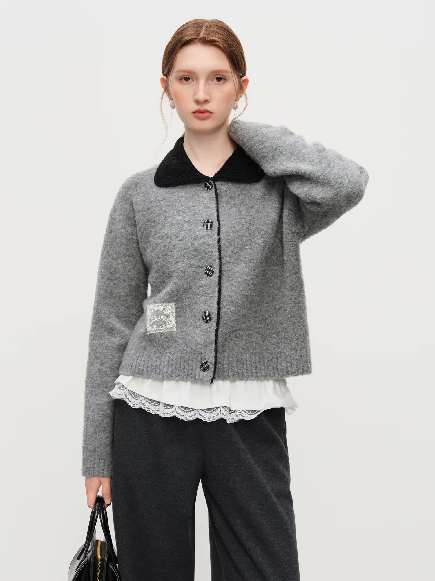 Winter 2025 Women's Preppy Style Color Block Knit Cardigan - Sweet Peter Pan Collar Casual Coatigan with Vintage Inspired