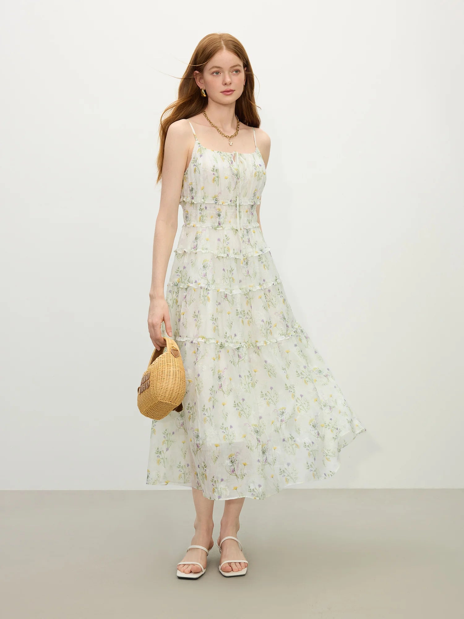 FSLE Women Summer Floral Strappy Dress 2025 Summer Holiday Style Female Spaghetti Strap Long X-LINE Dresses