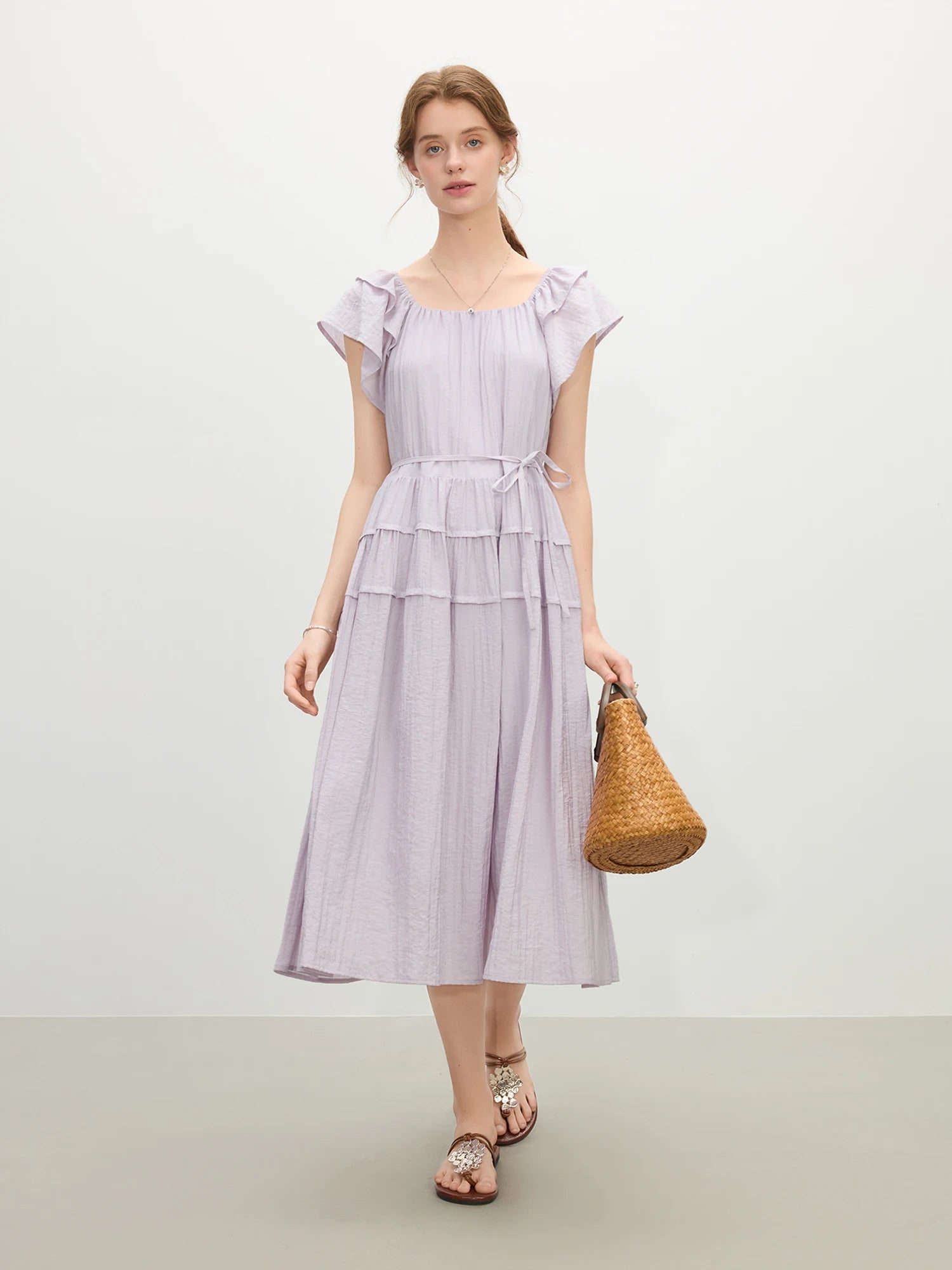 FSLE 2025 Summer Women's French-Inspired Square Neck Dress - Flutter Sleeve Contrast Panels & Elegant Midi Silhouette