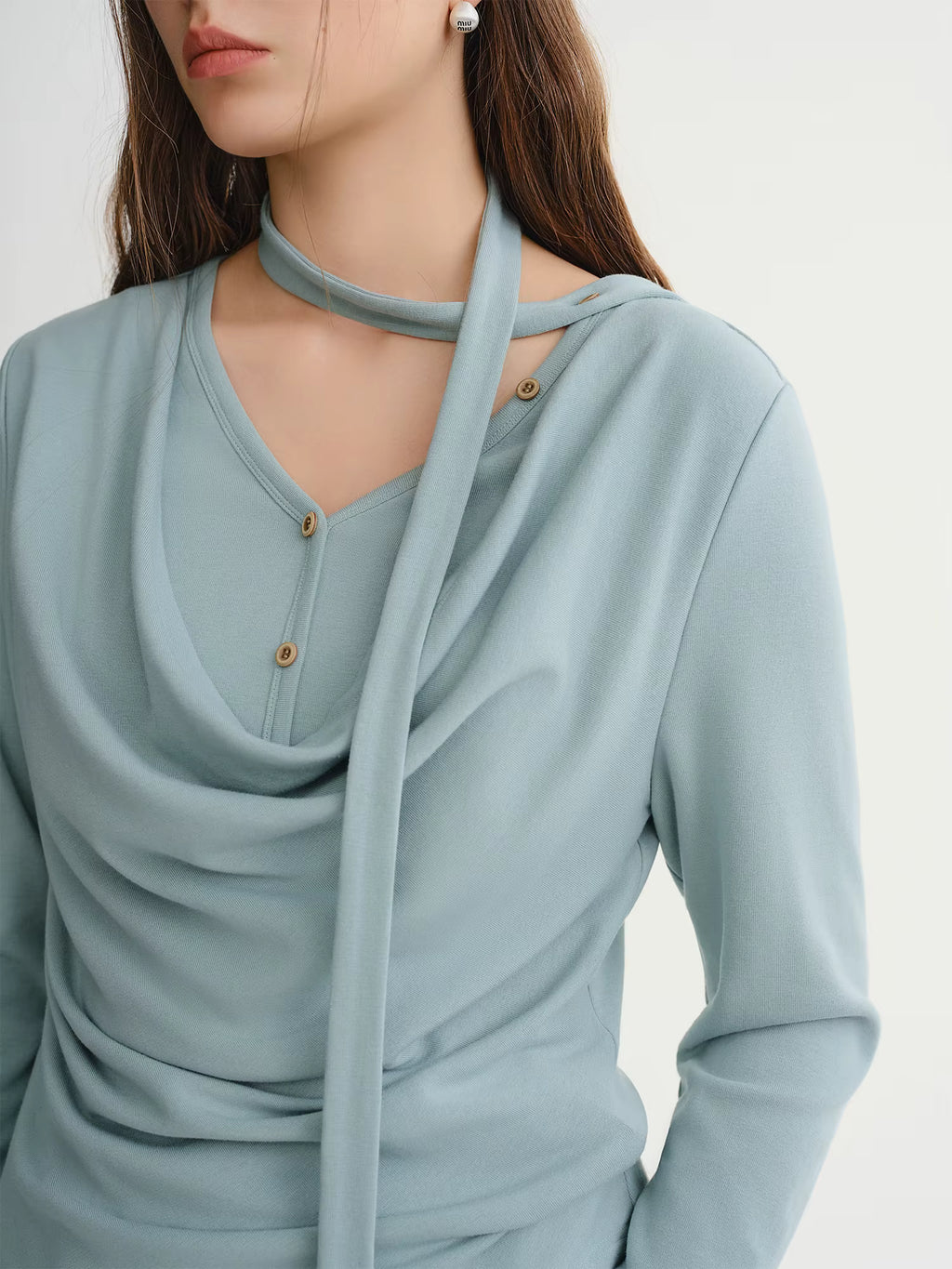 Plus-Size Women Layered Art Long-Sleeve T-Shirt with Floating Ribbon neckline Mock Two-Piece Slimming Top for Curvy Women