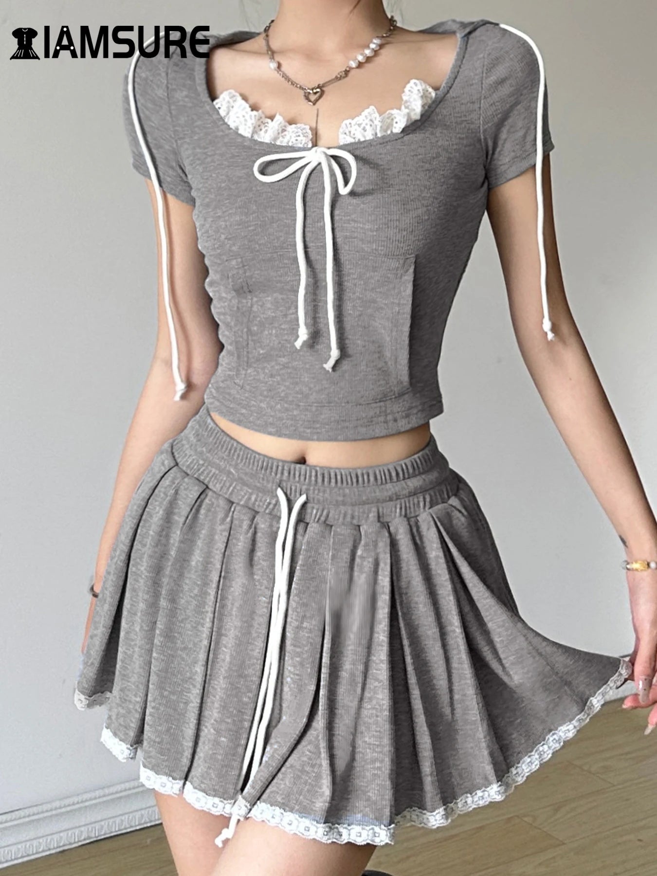 Kpop IAMSURE Casual Basic Dress Set Women Slim 2 Piece Sets Hooded Short Sleeve Cropped T Shirt Mid-Waisted A-Line Skirts Women 2024