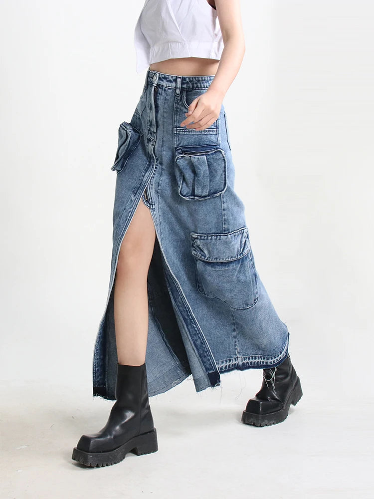 TWOTWINSTYLE Split Denim Skirts For Women High Waist Patchwork Pocket Temperament Solid Skirt Female Autumn Fashion Style New