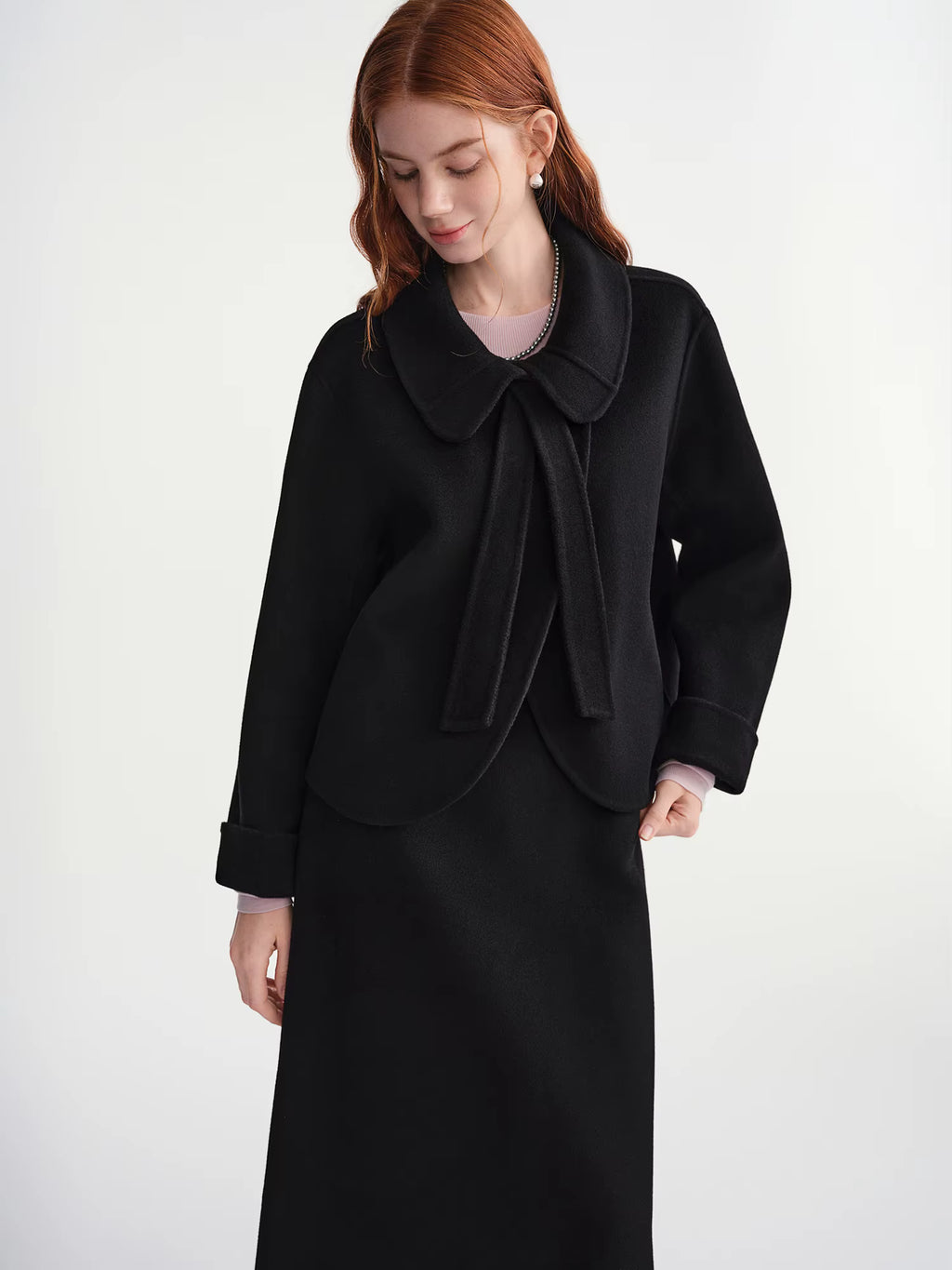 Elegant Sets Women Winter Cropped Black Coats Skirt Suit Peter Pan Collar Woolen Jacket Age-reducing Temperament French