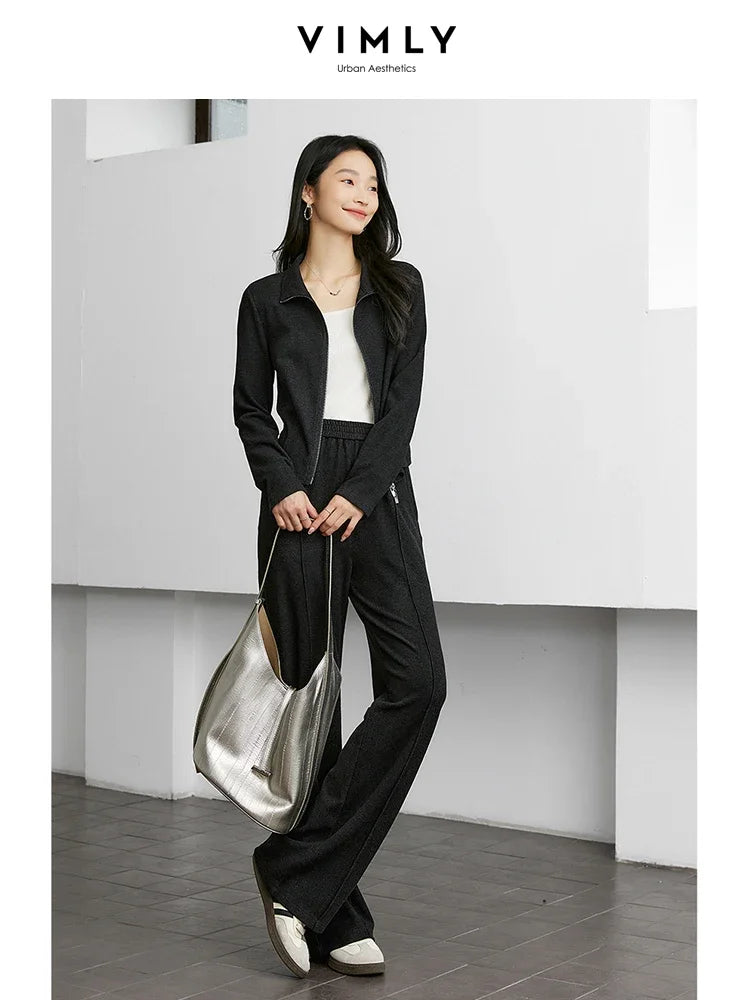 VIMLY Women's Sporty 2 Pieces Pants Sets  Autumn Simple Lapel Top Straight Pant Comfort New Office Lady Matching Sets M9037