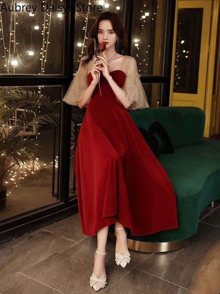 Fairy Red Midi Dress Women Elegant Vintage Chic Design Formal Occasion Dresses Summer Casual Evening Wedding Party Dress New In