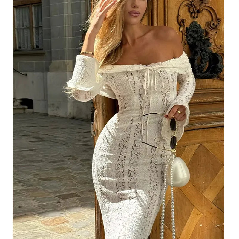Elegant Off-Shoulder Lace Maxi Dress with Flared Sleeves and High-Low Hem