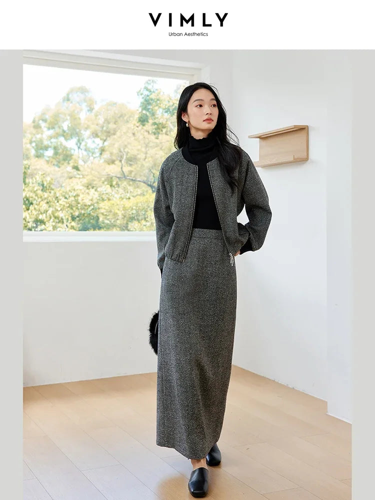 VIMLY Women's Simple Solid Tweed 2Piece Set Autumn Winter Office Lady Outfits Cardigan Short Jacket Straight-cut Slit Skirt Sets