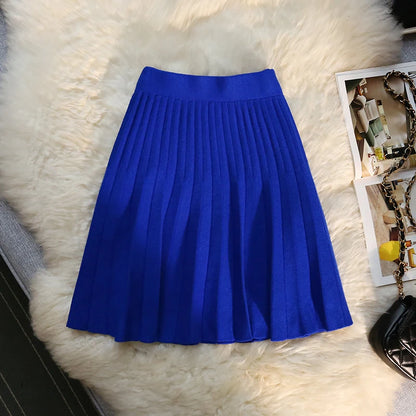 Autumn Winter Knitted Pleated Skirts Women's Elastic High Waist A-Line Umbrella Skirts Casual Sexy Slim Short Mini Skirts