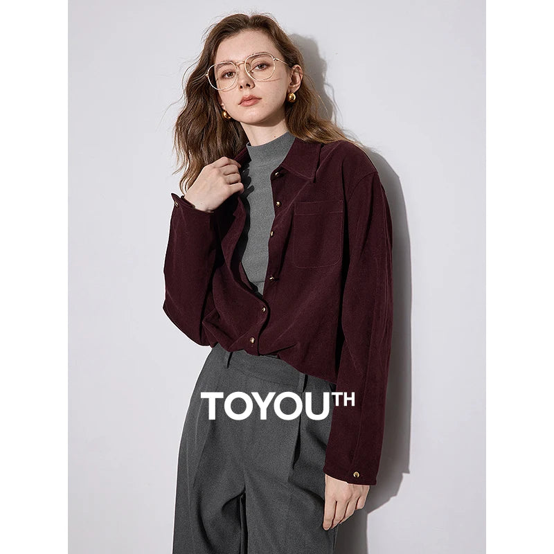 TOYOUTH Women Blouse Shirt 2024 Autumn Winter New Ankora Red Corduroy Turn Down Collar Single Breasted Button Outfit Tops