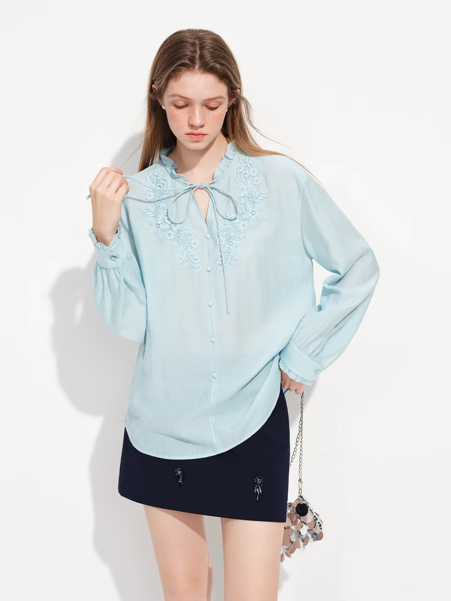 2026 Spring Women's Intricate 3D Floral Applique Linen Blend Tie-Neck Shirt - Elegant Casual Blouse Women Shirt