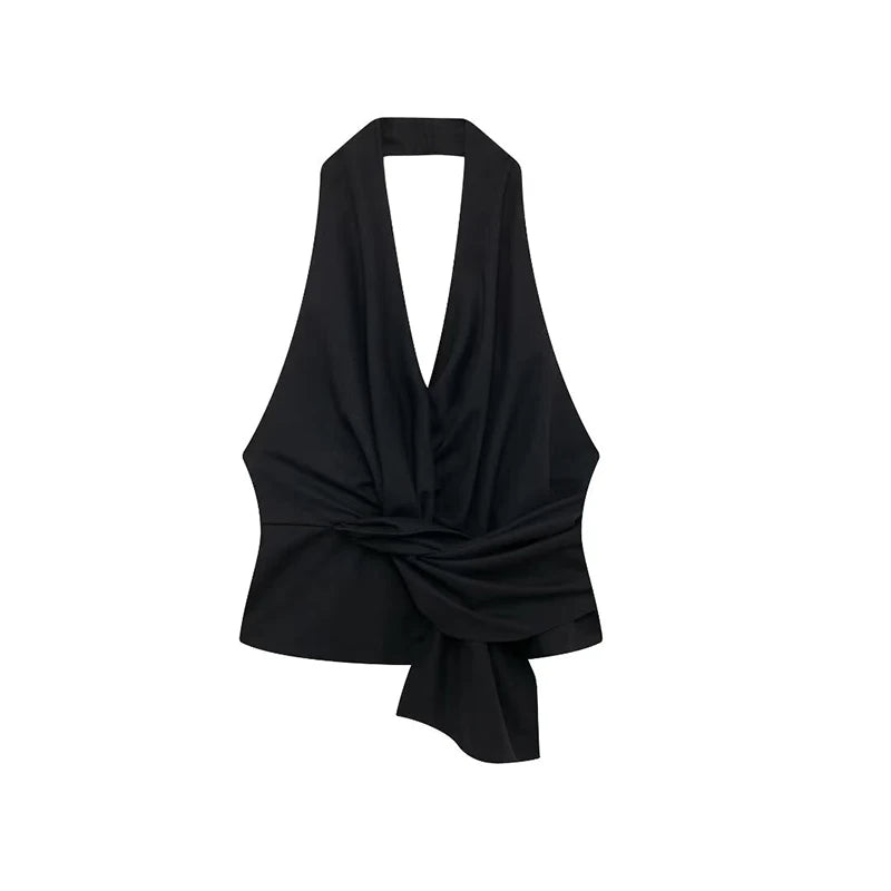 Vintage Halter Backless Top Pants Set for Women Elegant Lace up V-neck Vests Trousers Fashion Casual Solid Color Women‘s Sets