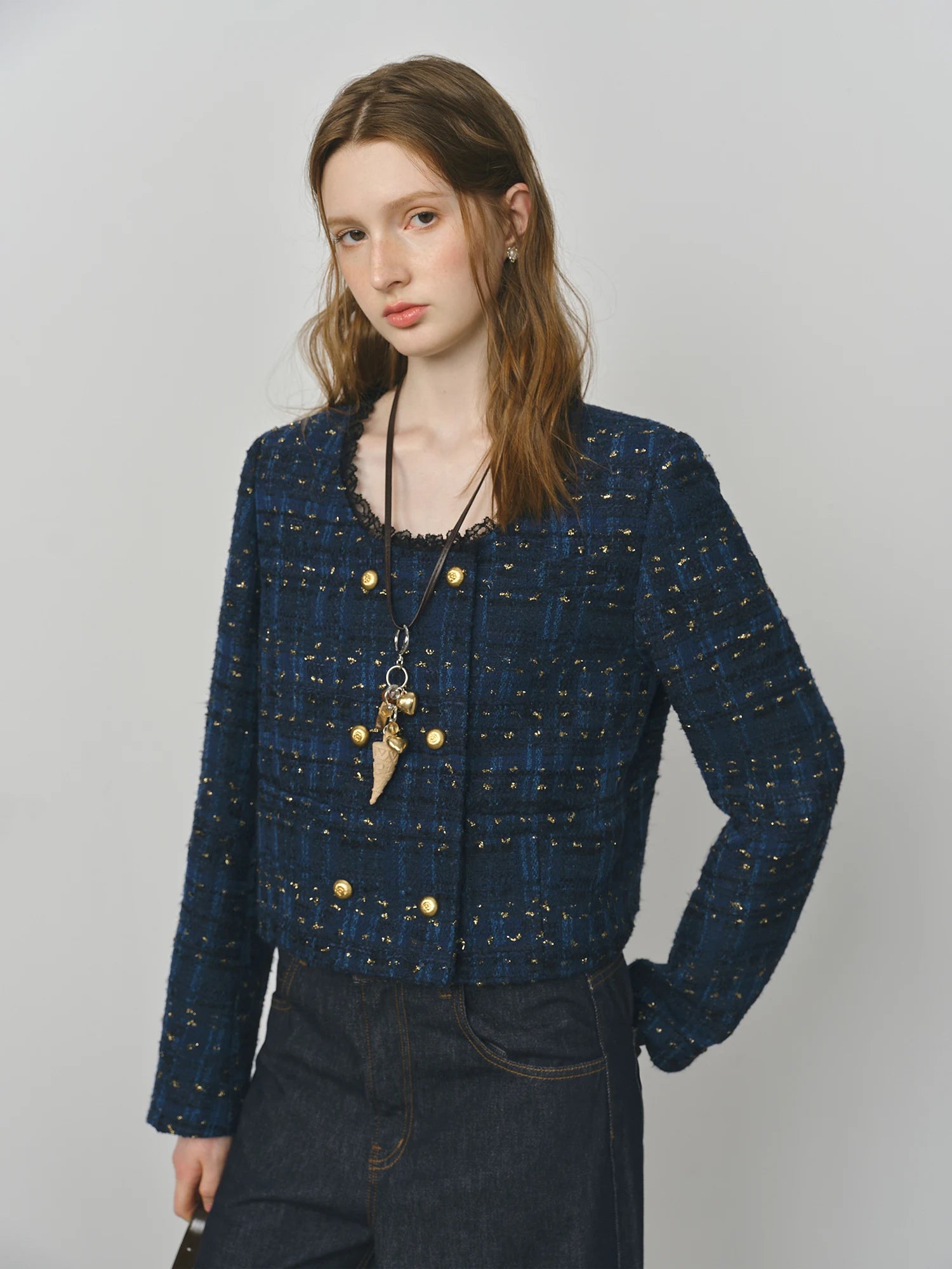 Cropped Jacket for Women 2025 Autumn New Exquisite Lace Stitching Long Sleeve Coats Top