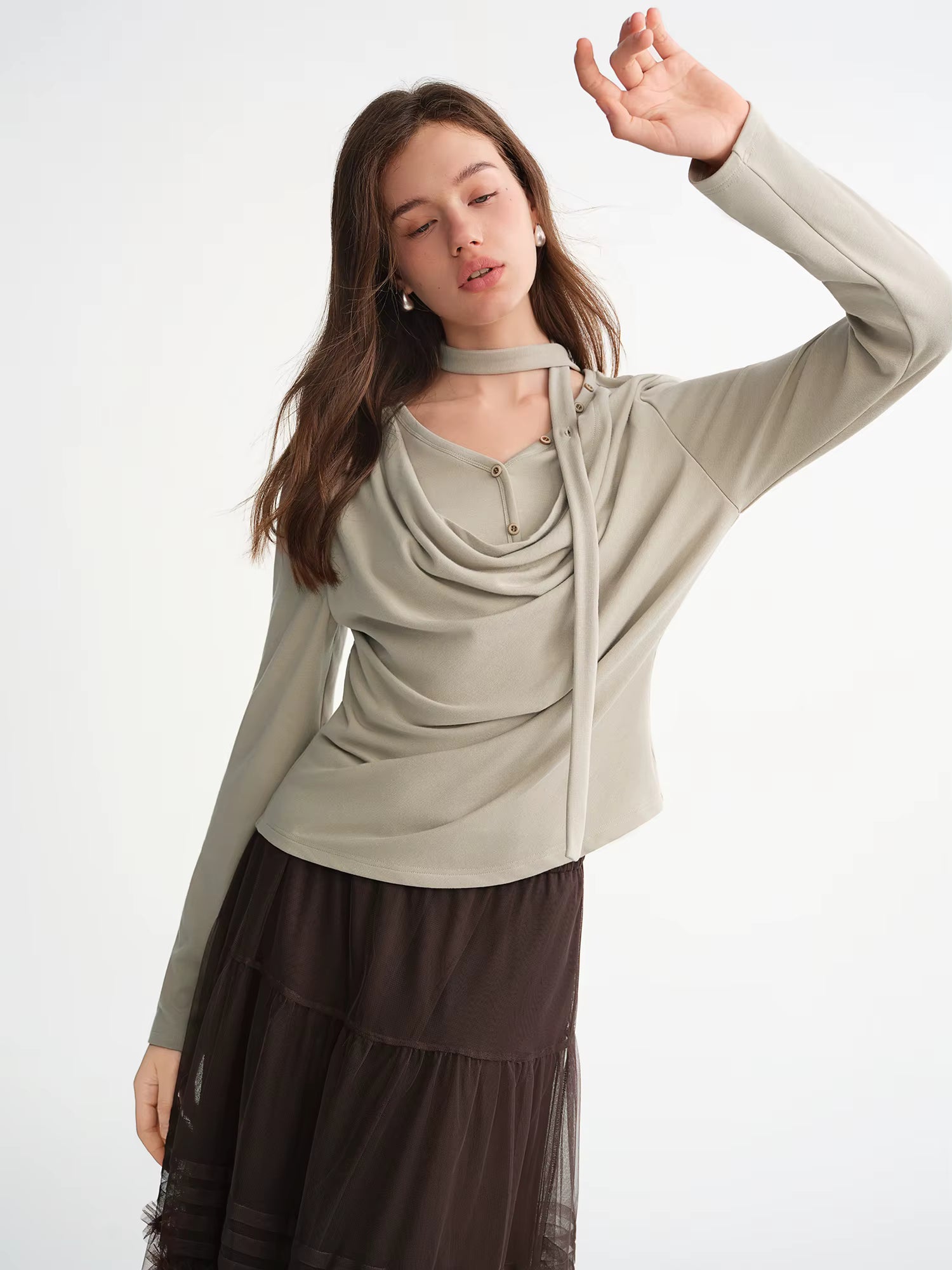 Plus-Size Women Layered Art Long-Sleeve T-Shirt with Floating Ribbon neckline Mock Two-Piece Slimming Top for Curvy Women