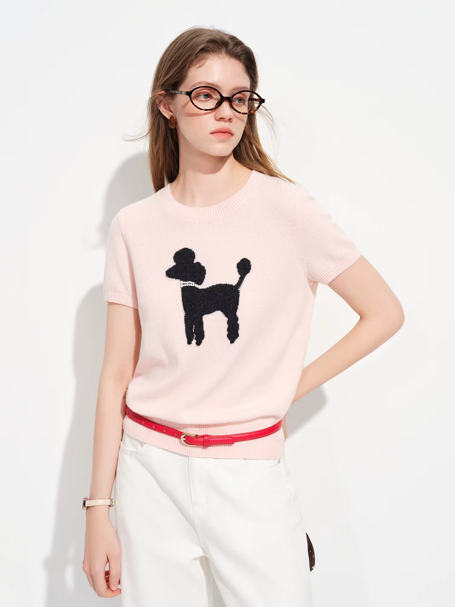 Women's Spring 2026 New Style Faux Pearl Embellished Fun Puppy Short-Sleeve Knit Sweater Citywalk Daily Homewear