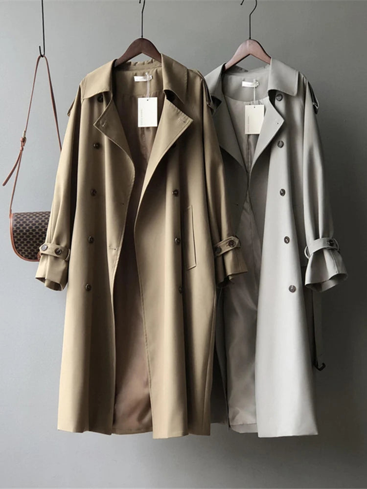 Classic Grey Long Belt Trench Coats Women Korean Double Breasted Gabardina Jackets Streetwear Windbreaker Abrigos Spring Casacos