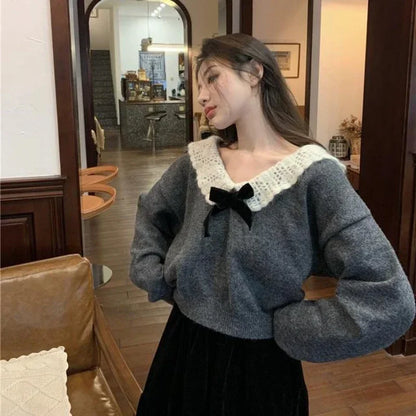 Deeptown Korean Style Sweaters Women Kawaii Sweet Elegant Knited Pullovers Grey Bow Vintage Patchwork Autumn Winter Sweaters