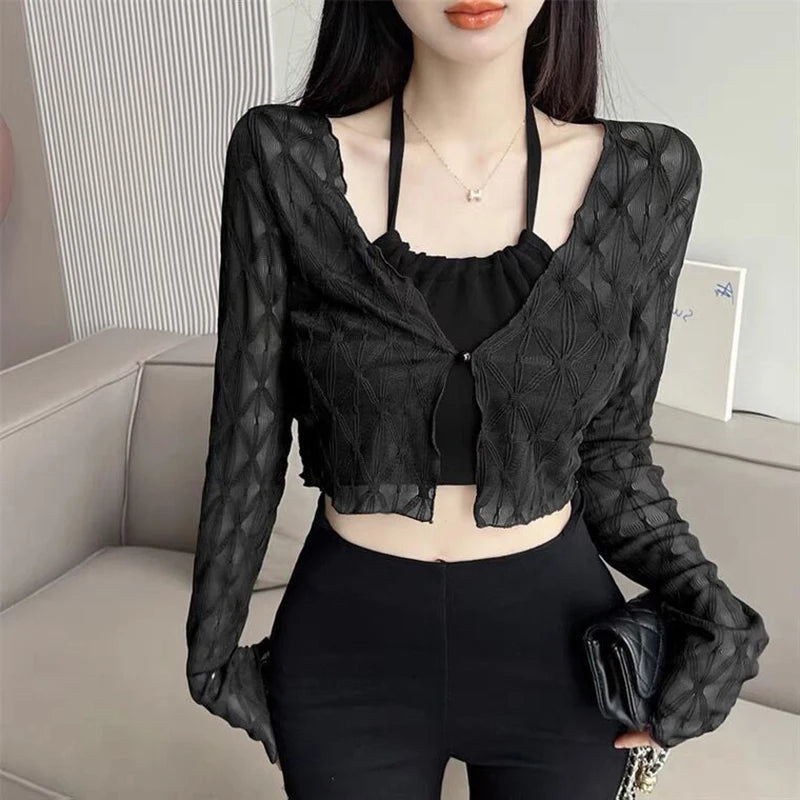 Sheer Shirt Women Solid Chic Slim Fit Sweet Lace Thin Blouse Korean Fashion All Match Long Sleeve Tops Ladies Summer New