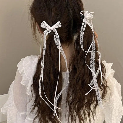 Korean Lace Cream White Bow Ribbon Hair Clip for Women Hairpins Bullet Style Side Shredded Hairpin Headpiece Clip New Headwear