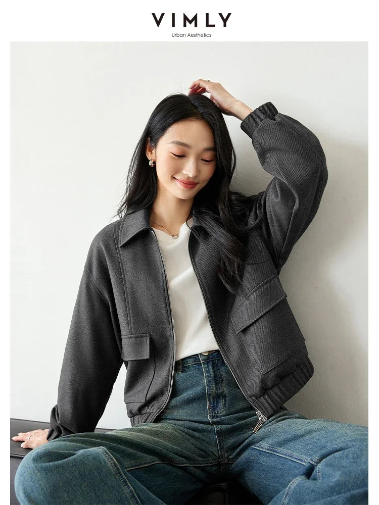 VIMLY Women's Autumn Simple Loose Versatile Jacket Casual Short Coat Jacket Double Zip Lapel Jacket Office Lady Outerwears M8686