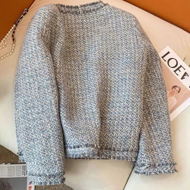 Spring Autumn New Chic Tweed Jacket Women's Outwear Korean Drama Wears Loose Single-Breasted Sweet Woolen Coat Tops