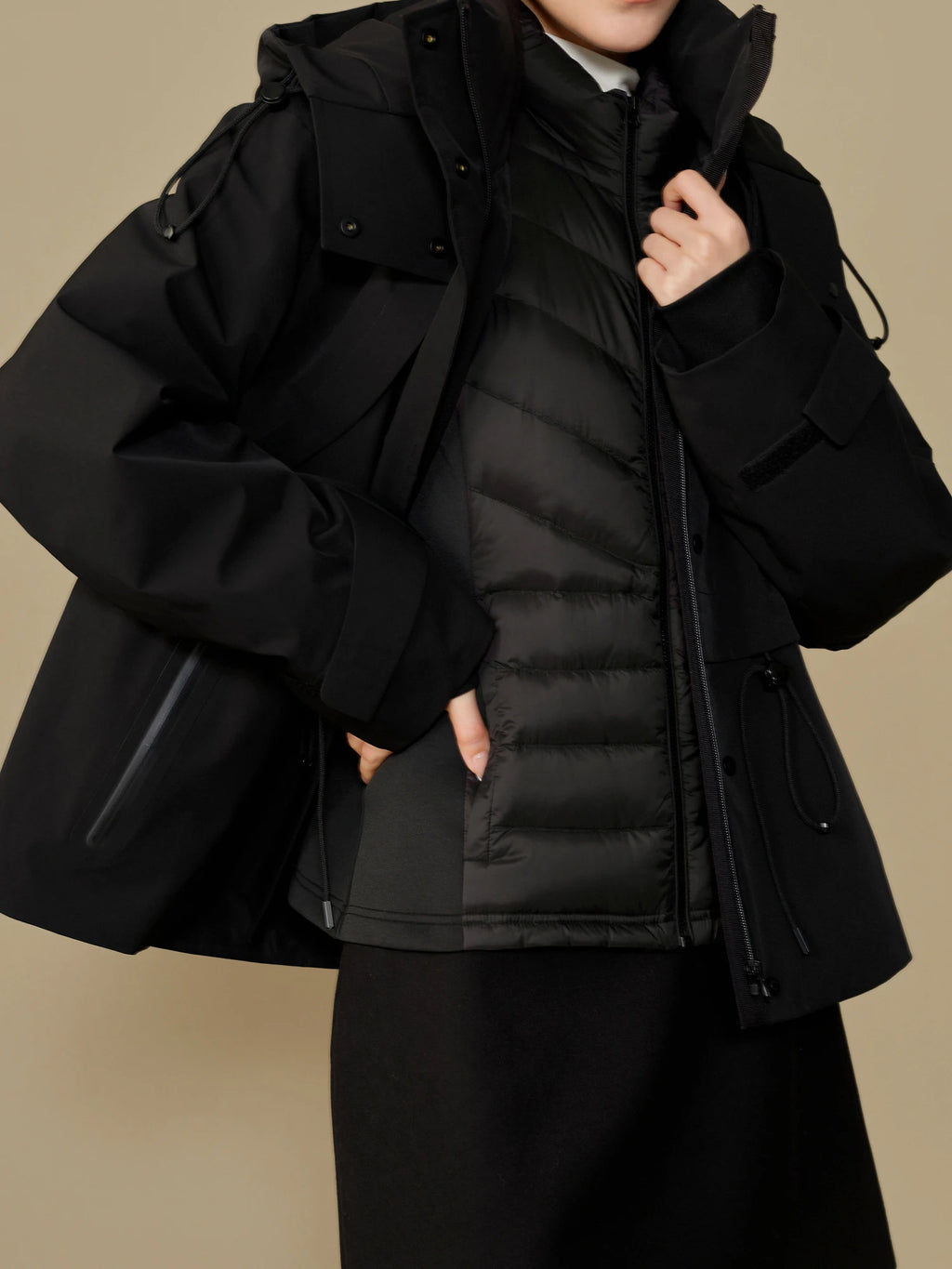 DUSHU 51.8G Filling Amount Female Black Lightweight Short Down Coat+Hooded Thick Khaki Two Piece Sets Outwear Coats  24DS84198