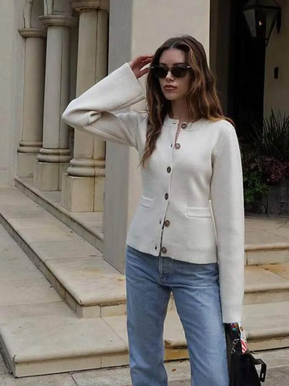 Casual Knitted Cardigan For Women Solid O-neck Long Sleeve Female Sweater With Pocket Autumn Single-breasted Ladies Lazy Tops