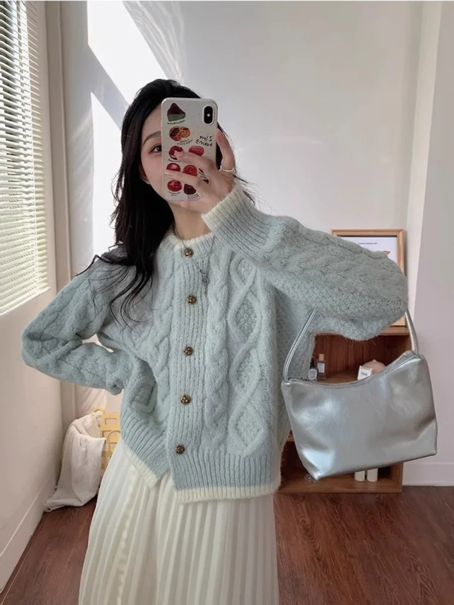Thicken Winter Clothes Twists Knitting Cardigan Lovely Pink Short Jacket Loose Korean Sweet Women Sweater Coat Y2K College Tops