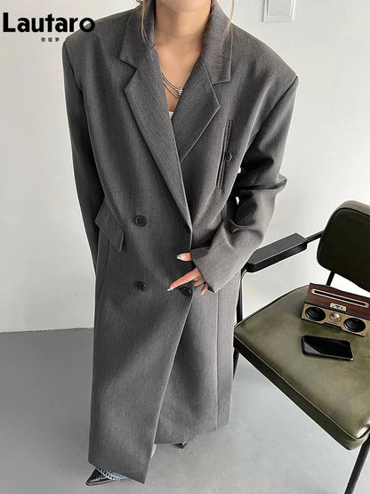 Lautaro Spring Autumn Long Grey Black Trench Coat for Women Double Breasted Loose Casual Korean Fashion Clothing Blazer 2023