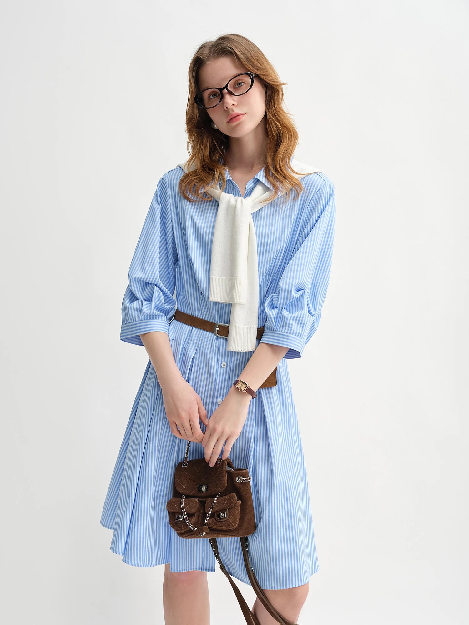 DUSHU Blue and White Striped Design Pleated Three-quarter Sleeve Waist Shirt Dress 2025 Autumn