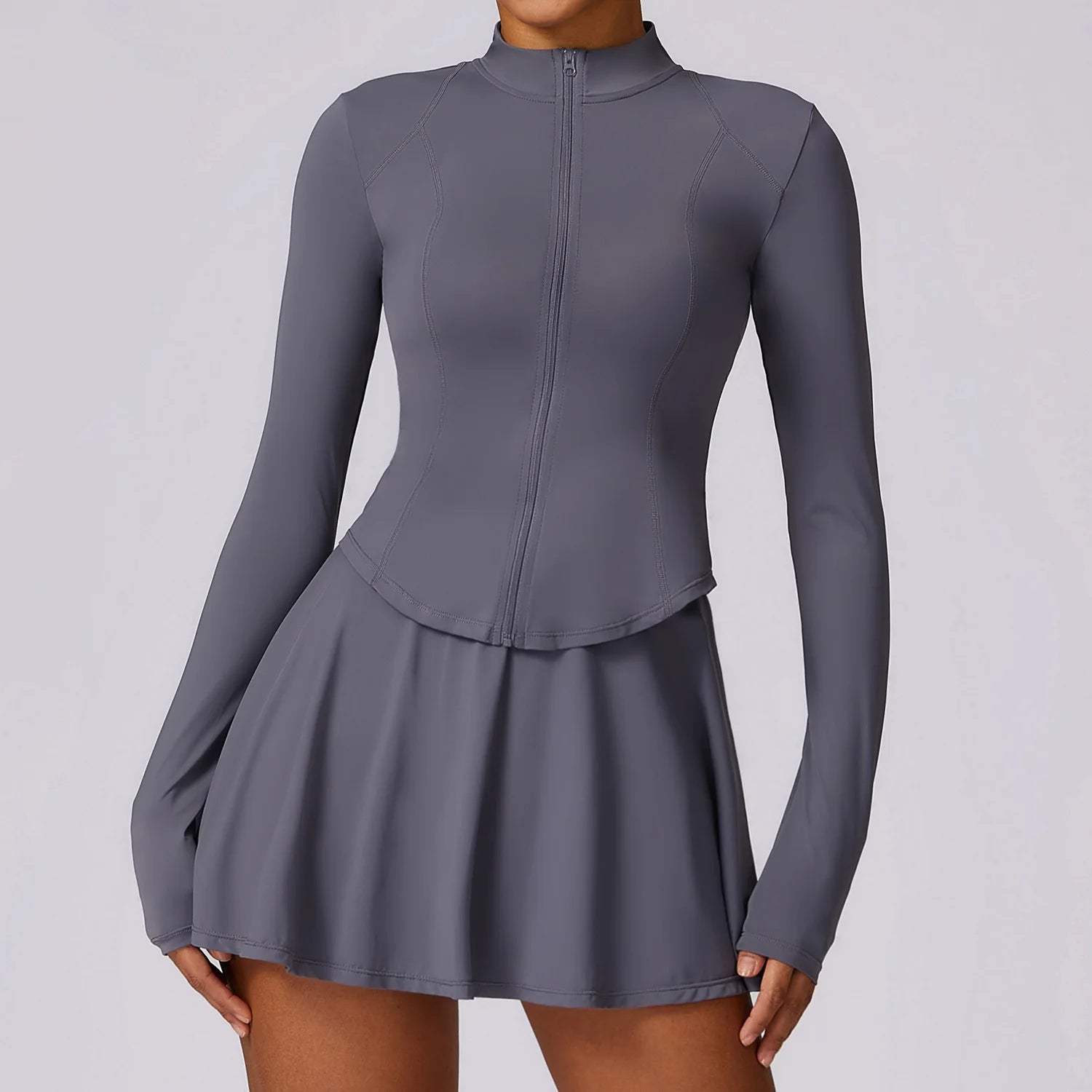 2PCS Women Yoga Set Gym Set Sexy Zipper Long Sleeves Sports Short Skirt Workout Running Clothing Gym Wear Athletic Sport Suit