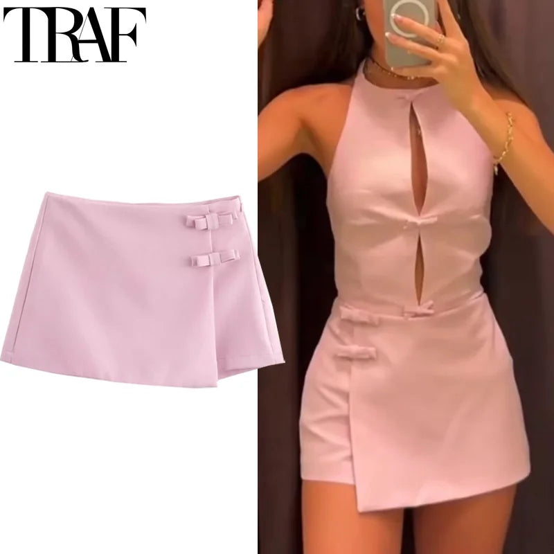 TRAF Bow Pink Skort For Women High Waist Mini White Skirt Pants Fashion Summer Women's Skort Streetwear Asymmetric Culottes