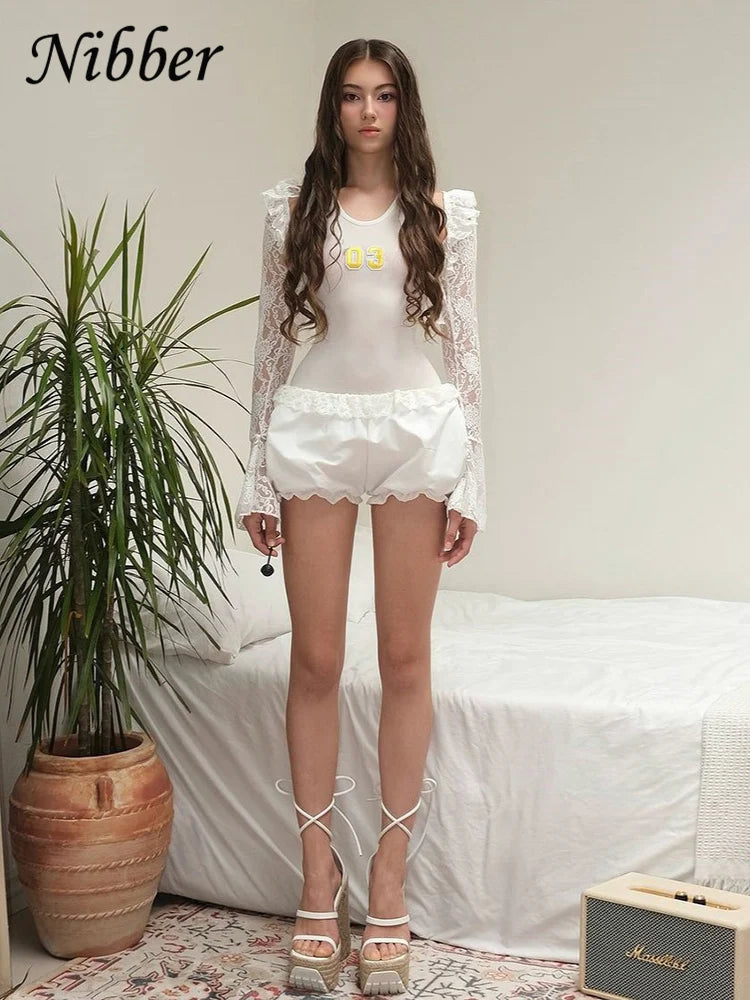 Nibber Mesh Hottie Sexy 3 Piece Set Women Thin Flared Sleeves Shawl+Skinny Number Print Vest+Solid Mini Ruffles Shorts Suits