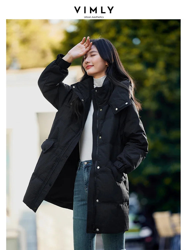VIMLY Women's Office Lady Down Jacket Winter White Duck Down Jacket Casual Loose Warm Parka Simple Hooded Bread Coat Trendy