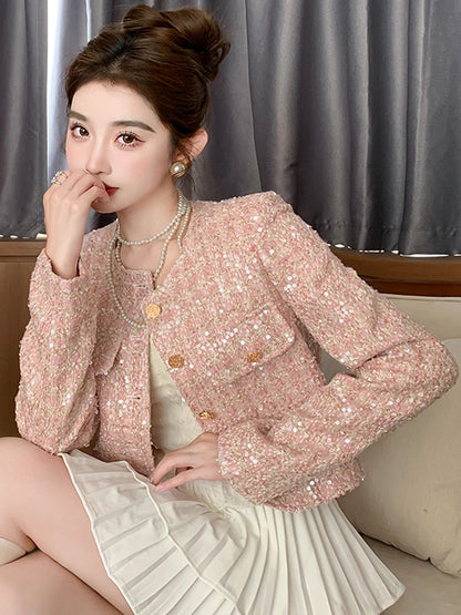 High Quality Autumn Tweed Jacket Women Sequined Long Sleeve O-Neck Short Coats Crop Top Korean Fashion Outerwear Streetwear