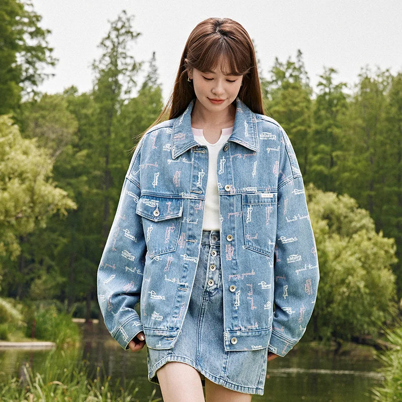 Semir Denim Jacket Women Full Print 2023 New Autumn Loose Trendy Jacket