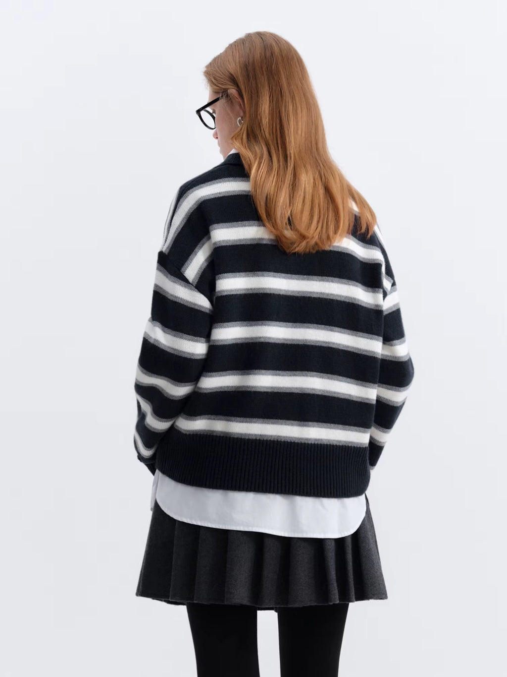 Casual Contrast Color Striped Turn Down Collar Sweater Women Loose 2025 Winter New Retro Sweater Soft Cozy Homewear