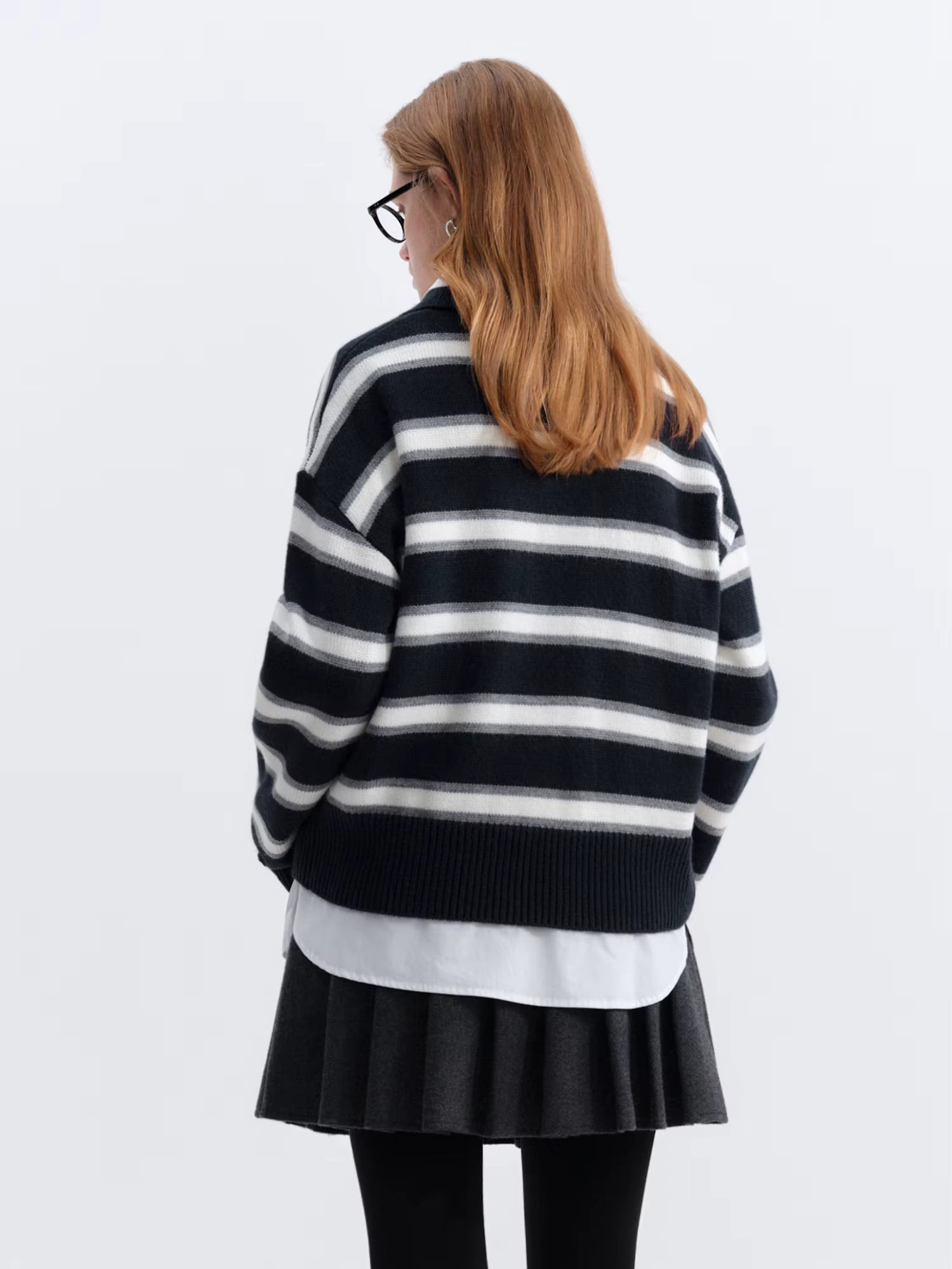 Casual Contrast Color Striped Turn Down Collar Sweater Women Loose 2025 Winter New Retro Sweater Soft Cozy Homewear