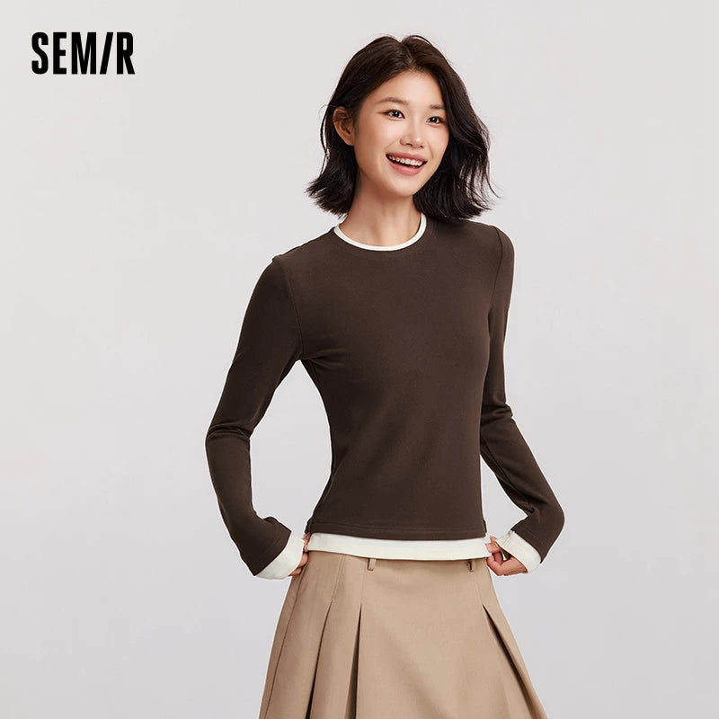 Semir Long Sleeve T-Shirt WomenTight Frayed Round Neck 2024 Winter New Moisture-Wicking Contrast Color Long Sleeve T-Shirt