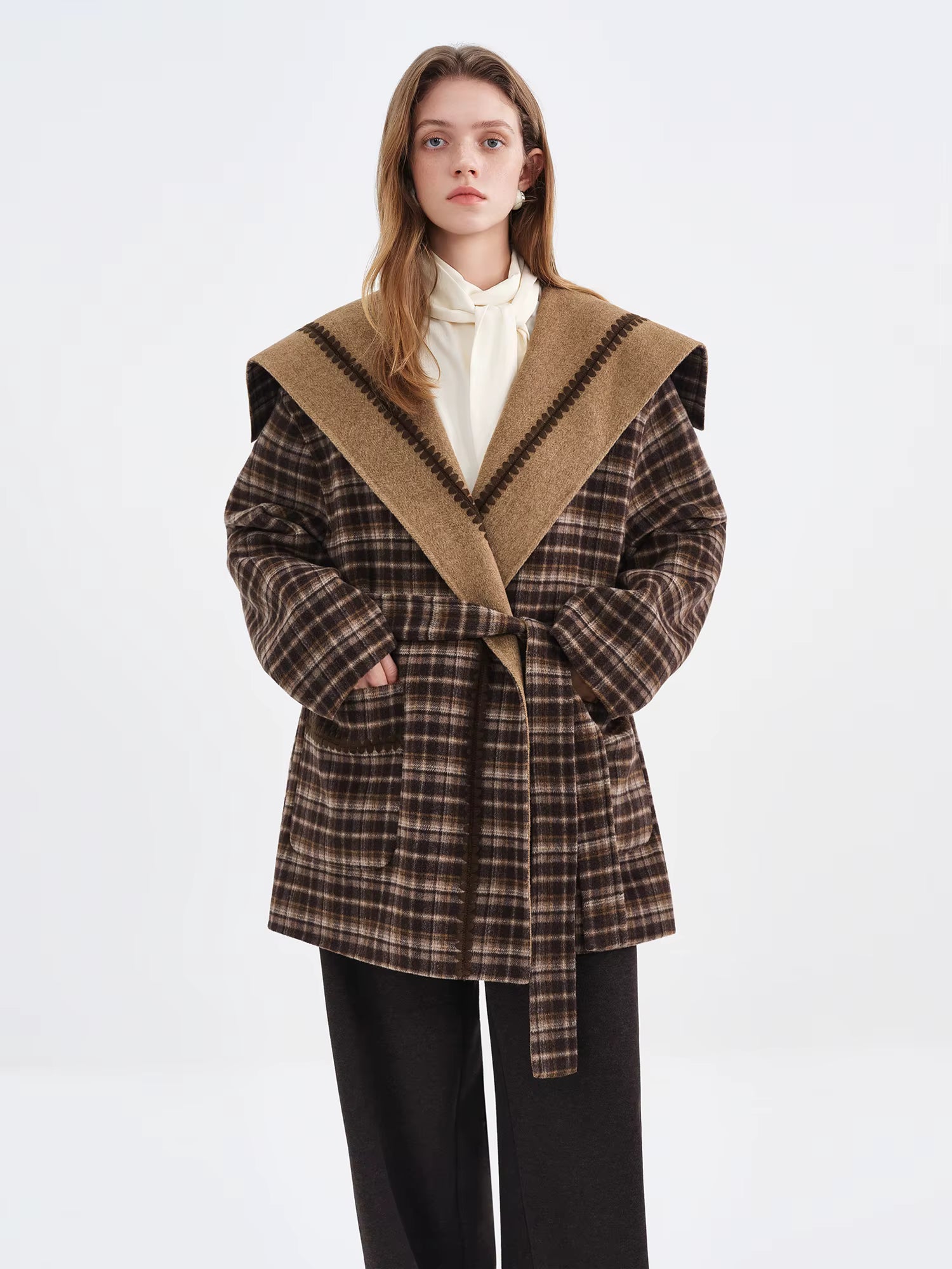 2025 Winter Women's Reversible Tartan Pattern Wool Blend Coat with Embroidery - Bohemian Style Two-Way Wear Long Overcoat