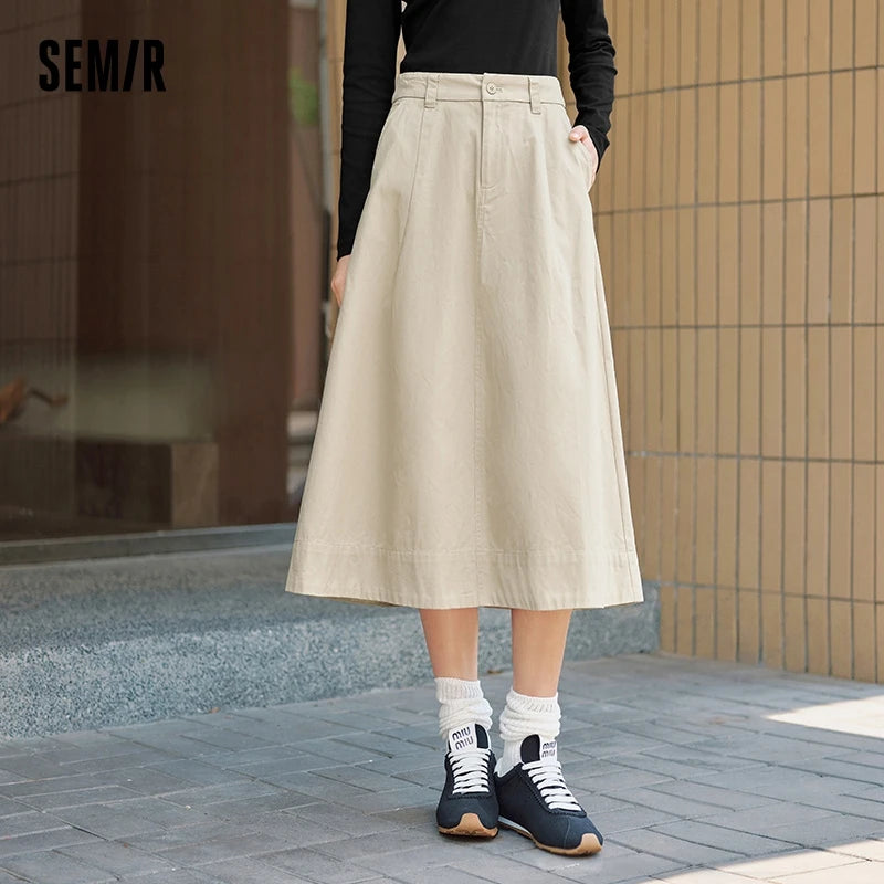 Semir Skirt Women Solid Color Simple Versatile 2024 Autumn New Pure Cotton Slimming Loose Umbrella Skirt