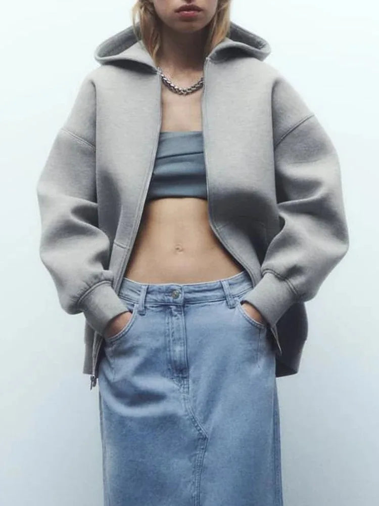 ZABA Women's Versatile Hooded Zip Long Sleeve Loose Jacket Fashion Oversized Casual Top Sweatshirt Street Basic Sports Wear