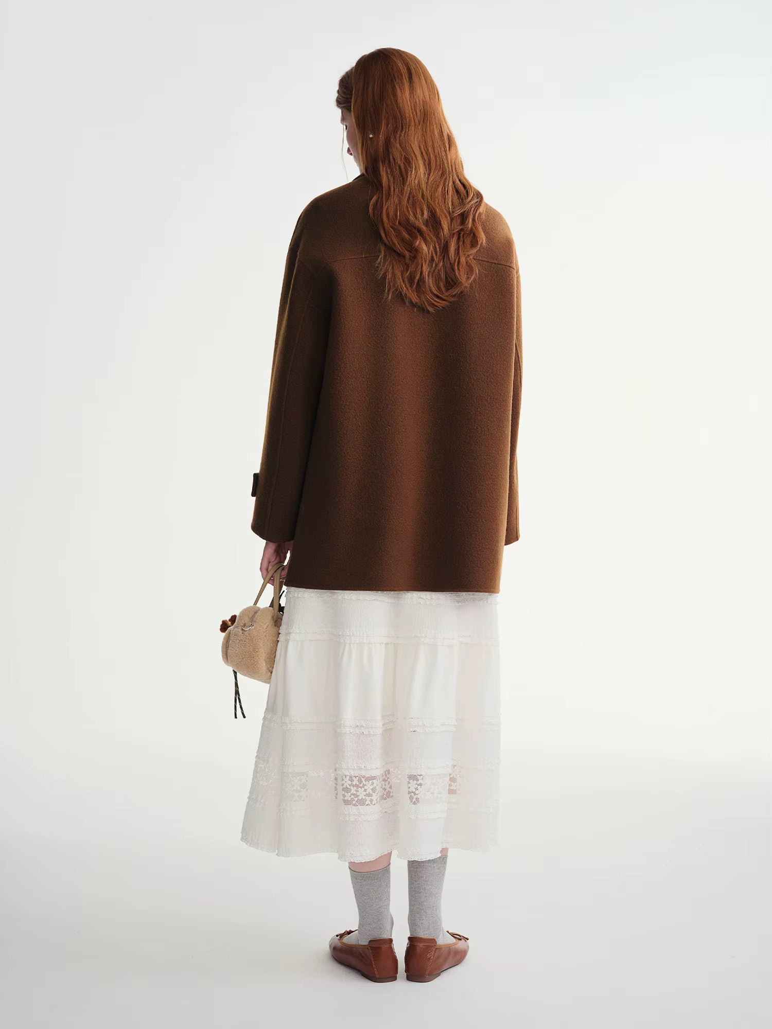 Winter 2025 Women's Horn Button Wool Blend Coat - Korean Style Double Faced Midi Length Stand Collar Casual Elegance