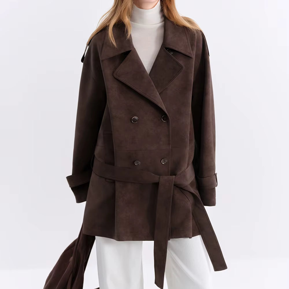 Retro Double-breasted Lapel Loose Leather Jacket for Women 2025 Winter New Casual Coffee-colored Jacket Loose Fit