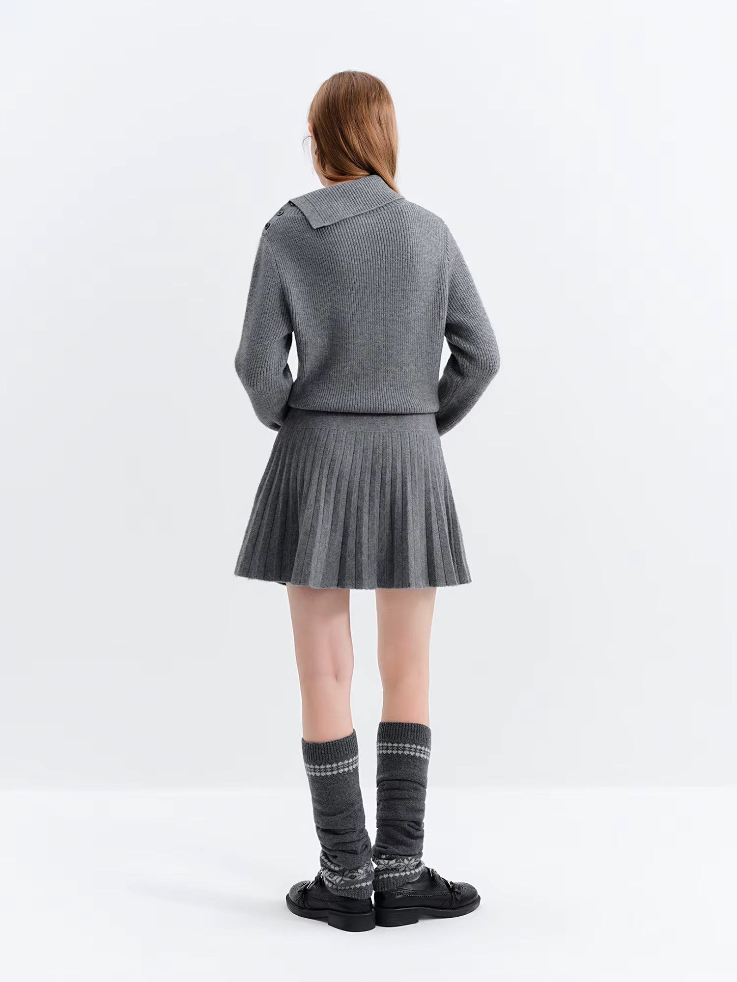 Ballet Style Sweet Knitted Gray Dress for Women 2025 Winter New Oblique Shoulder Lapel Pleated Mini A-line Dresses
