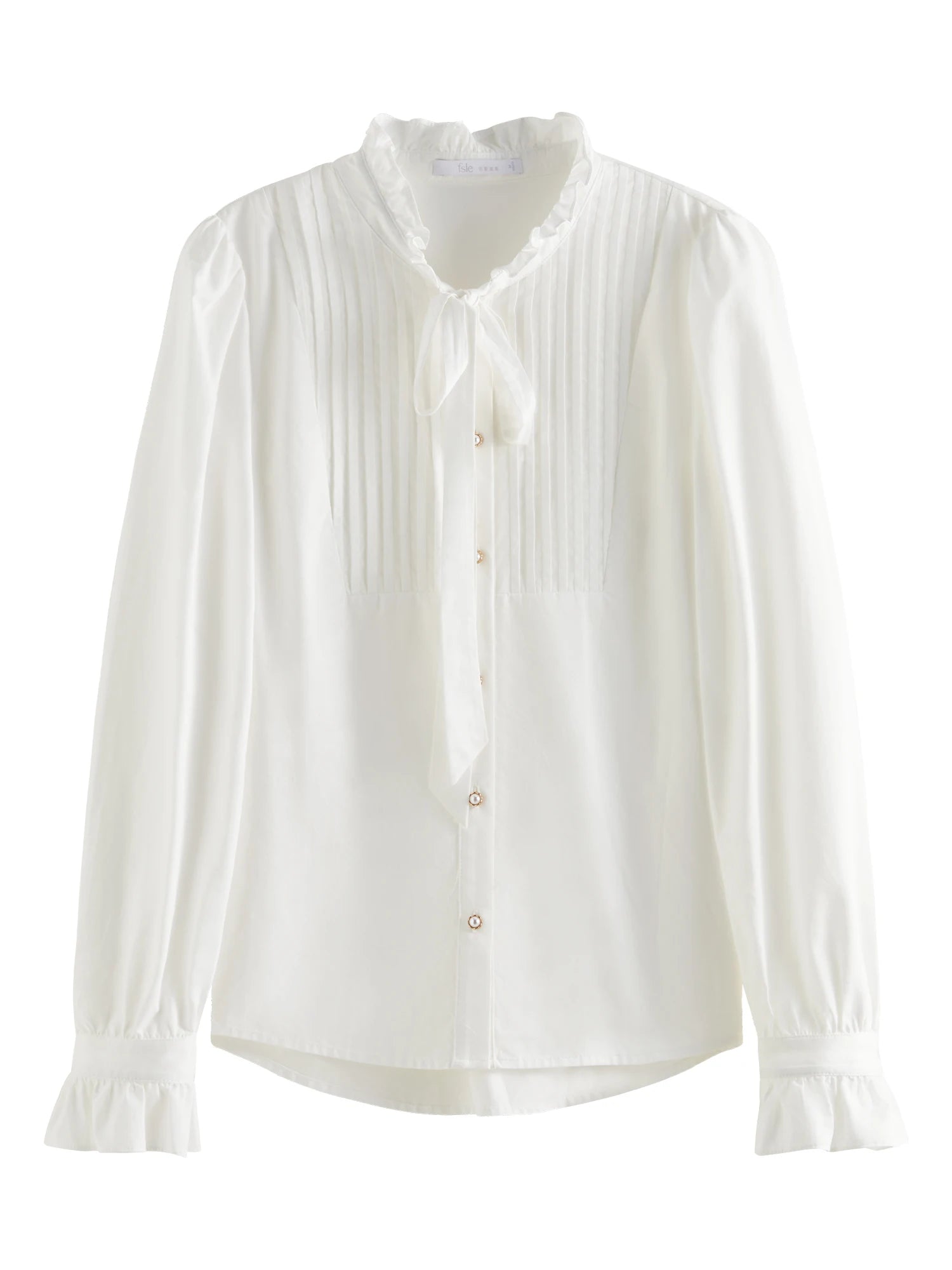 FSLE 50.2% Cotton French Style Wooden Ear Edge Tie Long-sleeve Shirt Female 2024 Fall Winter New White Versatile Shirt 24FS14522