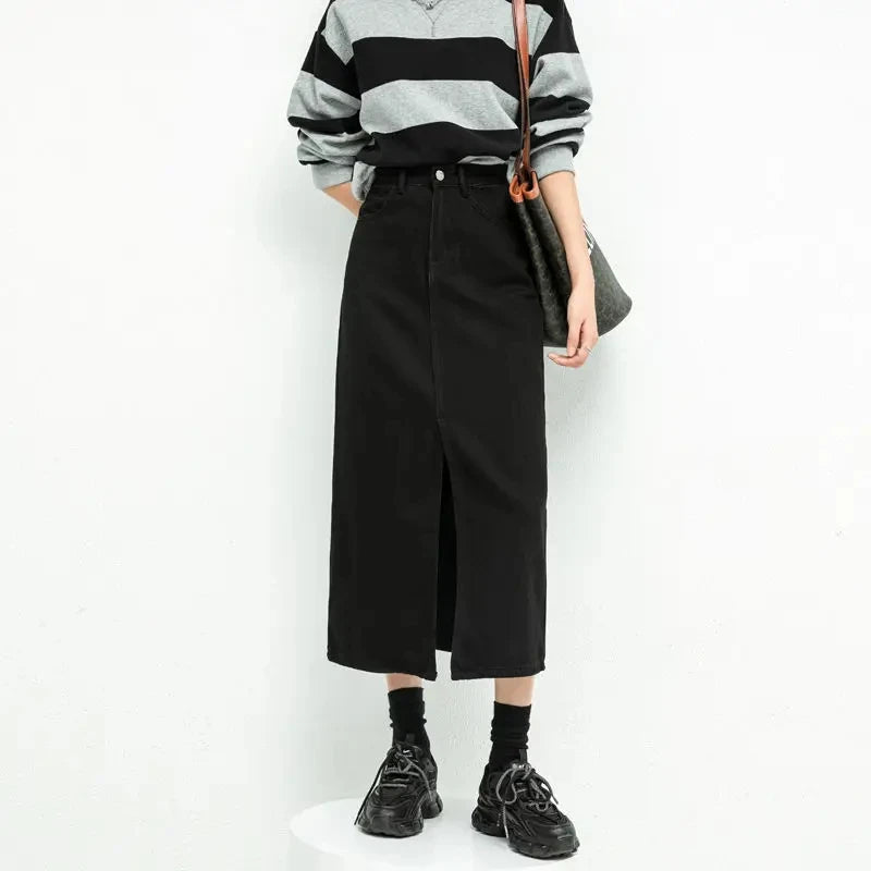 Split Denim Skirt for Women High Waisted Loose A-Line Skirt Korean Elegant Black Skirts 2024 Spring Fashion Mid Length Skirts