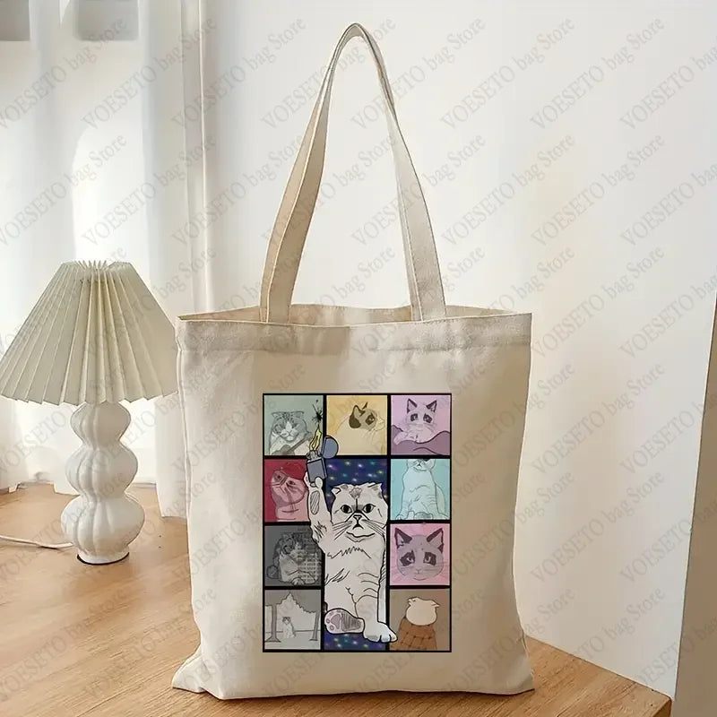 The Eras Tour Cat Version Pattern Canvas Tote Bag Taylor Shopping Bag TS Merch Cute and Funny Cat Shoulder Bags