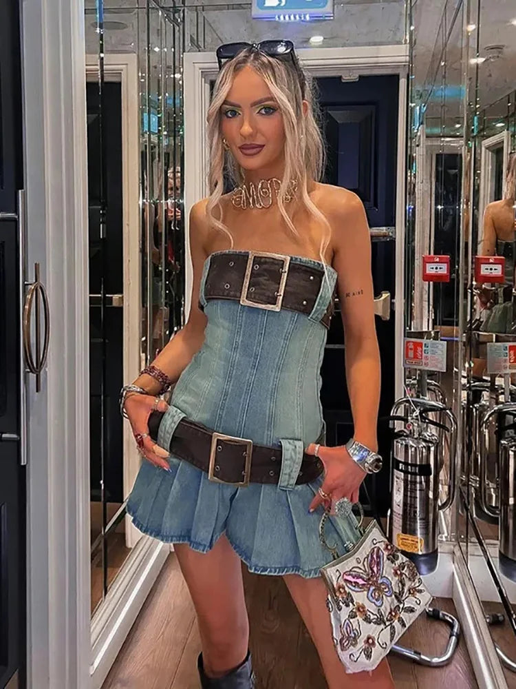 HOUZHOU Vintage Y2k Strapless Denim Dress Women Summer Bodycon Sexy Korean Fashion Kpop Belt Pleated Mini Dress 2000s Streetwear